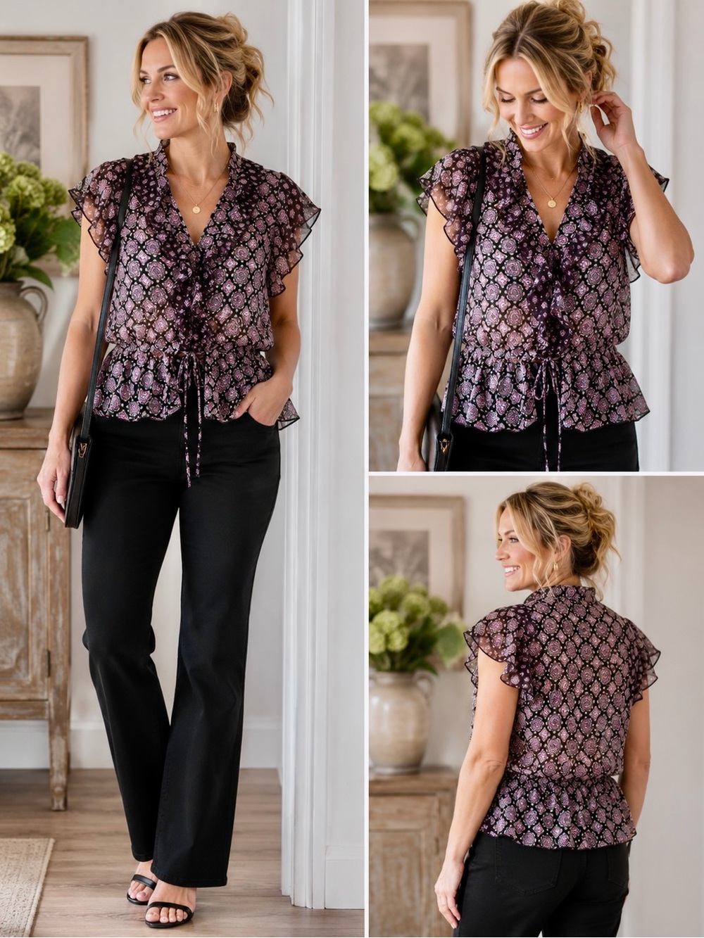 AGB Purple Floral Ruffle Tie-Front Blouse